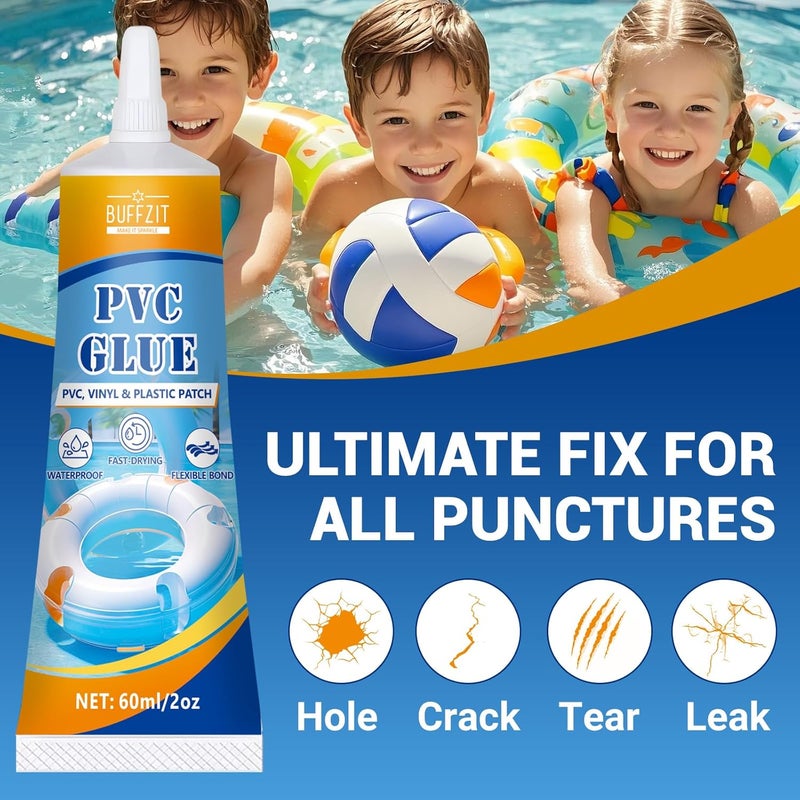 BUFFZIT PVC Glue Air Mattress Patch Kit, Heavy Duty Waterproof Vinyl Repair Kit for Inflatables, Pool Liner, Swim Ring, Bounce House, Hot Tub, PVC Boat, Raft, Kayak, and Inflatable Toys - 2oz/60ml - Image 4